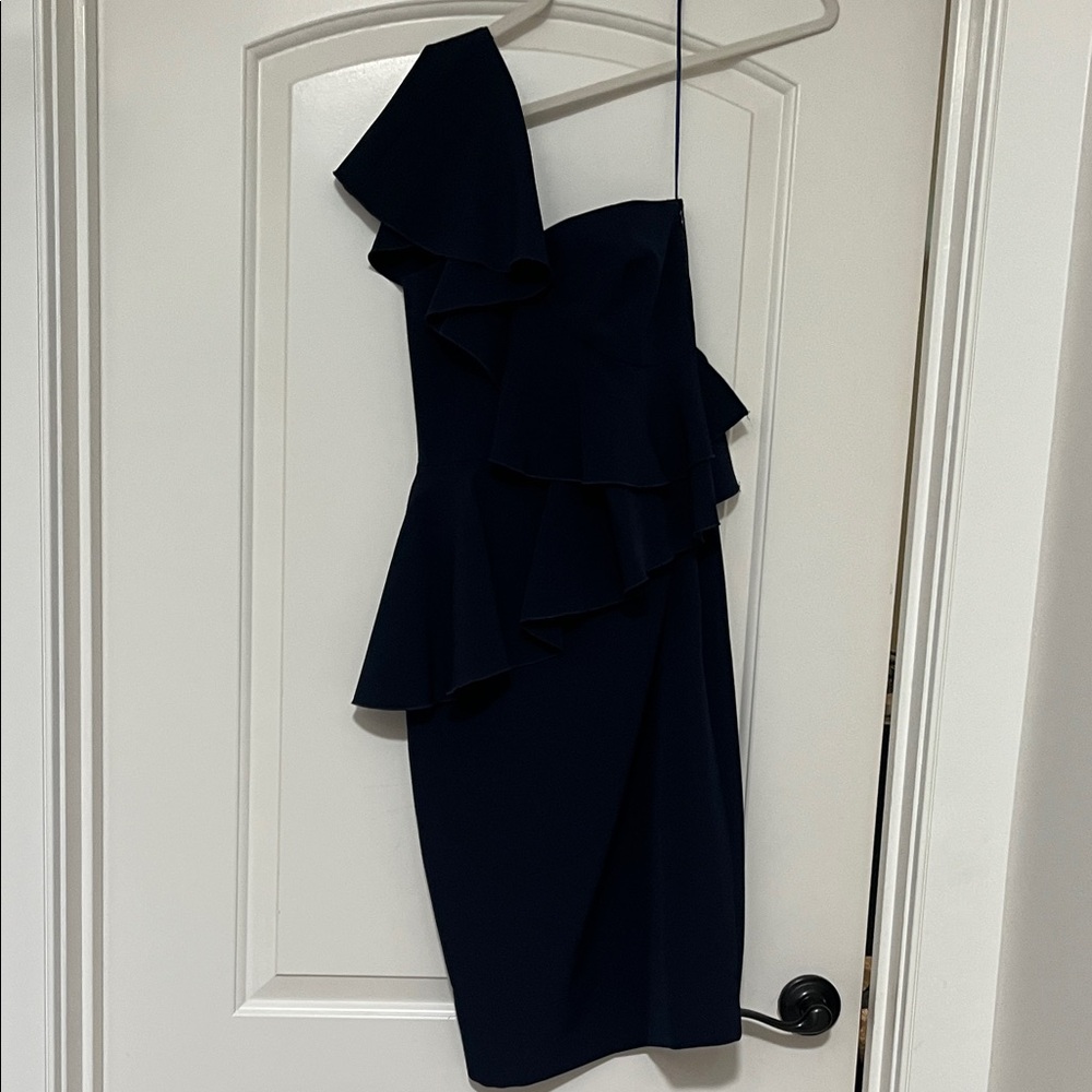 Trina Turk Navy One-Shoulder Ruffle Dress